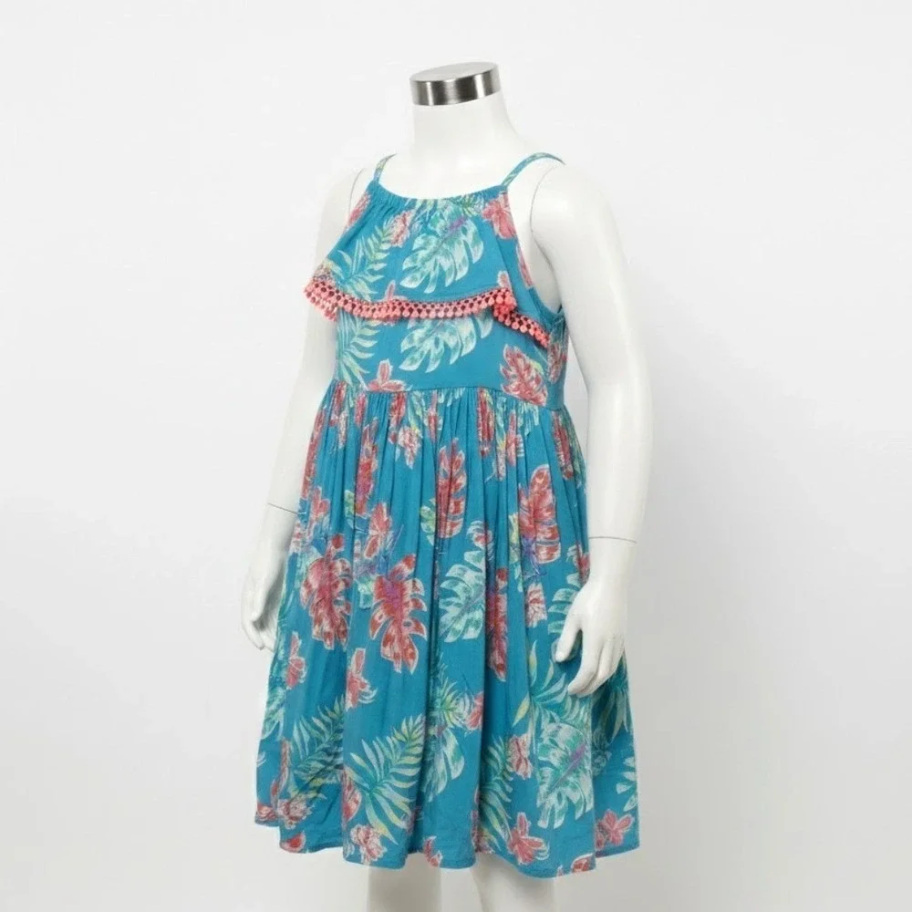 OshKosh B'gosh Tropical Floral Sundress Girls 3T Blue Pink Ruffle‎ Trim Vacation